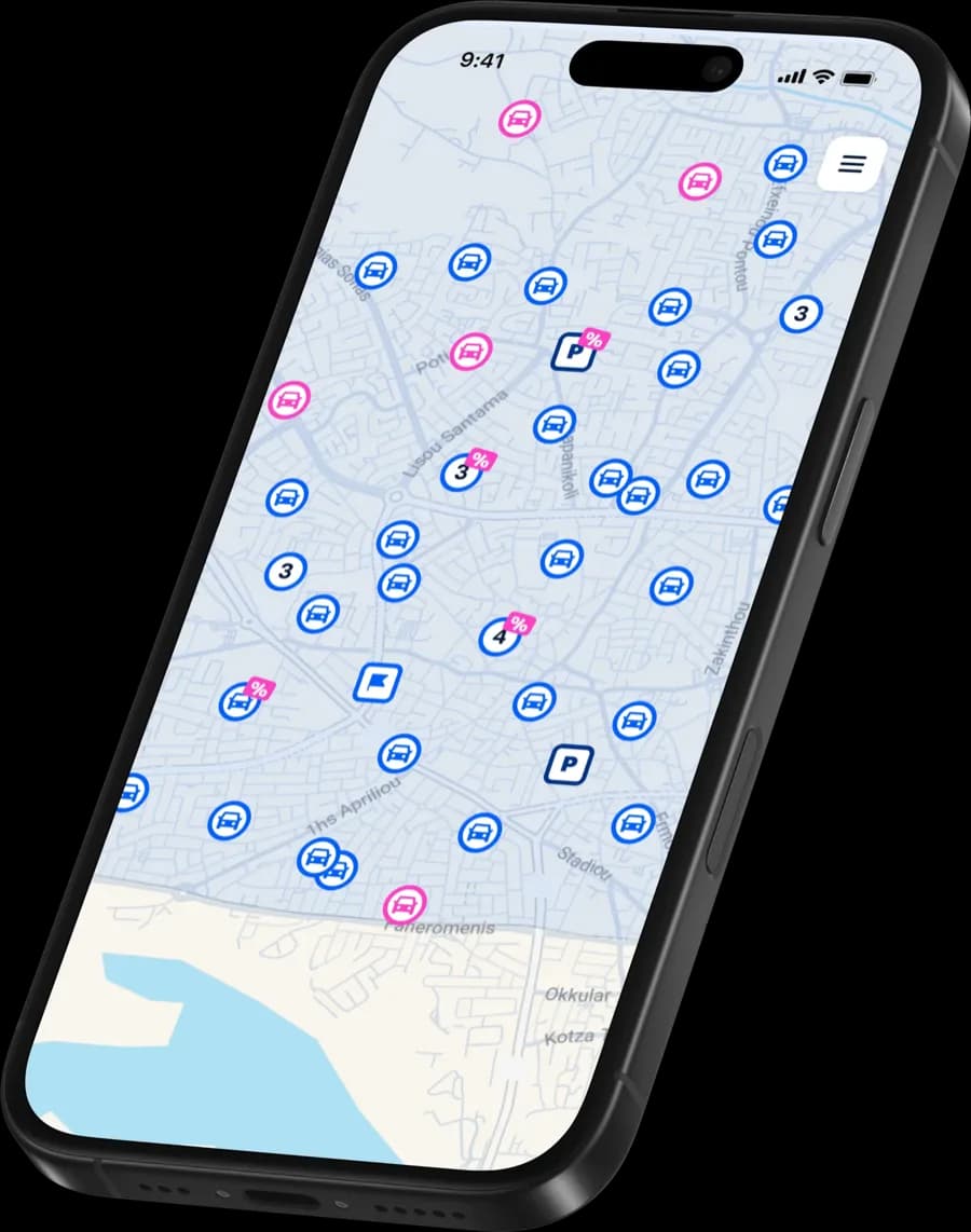 RideNow PRO app showing available cars on the map